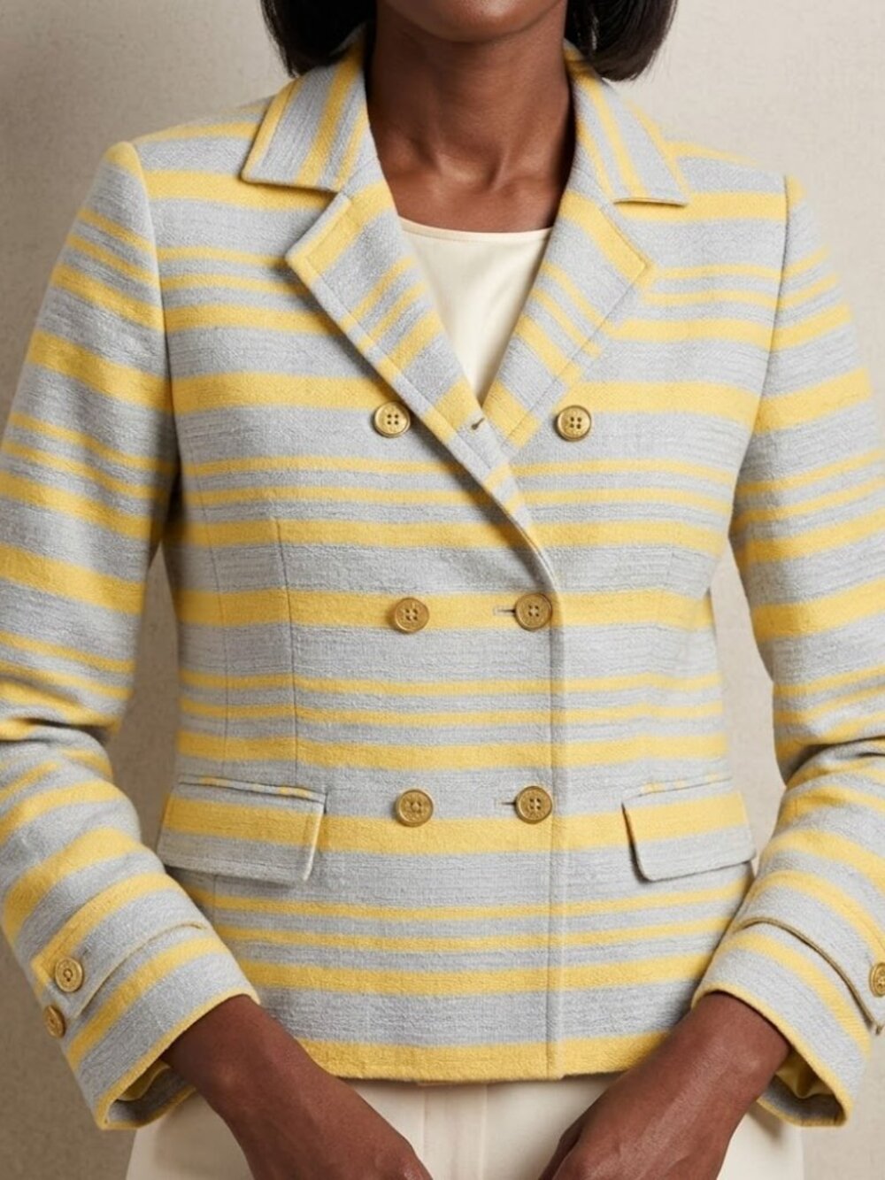 Talbots Blazer Womens 4 Beige Yellow Linen Blend Double Breasted Career Business
